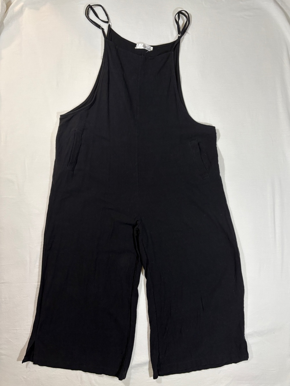 Black Linen Blend Wide Leg Overall Jumpsuit Romper M/L XL Side Slits